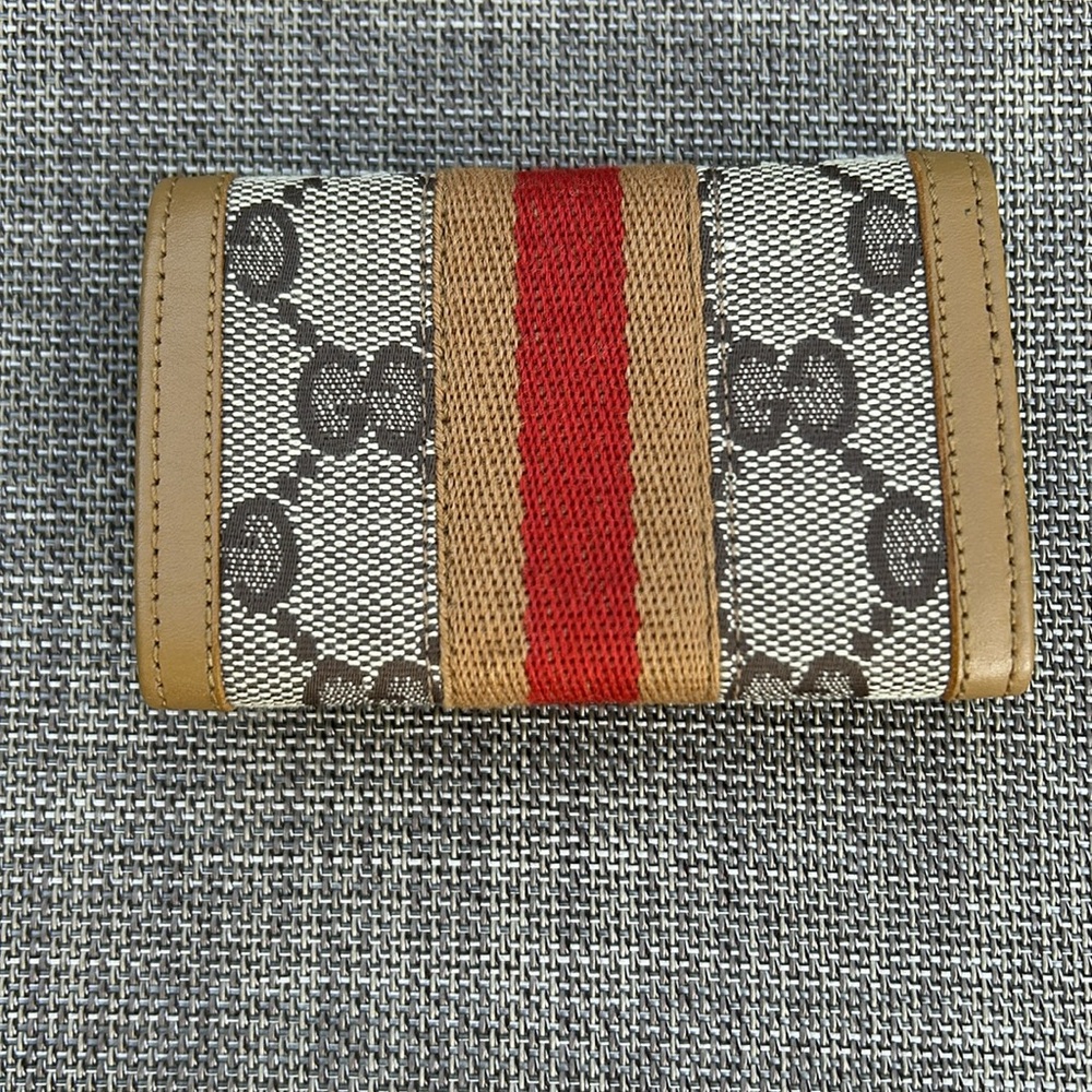Gucci 6 ring key card holder GG logo canvas + leather orange tan stripe - Picture 3 of 13